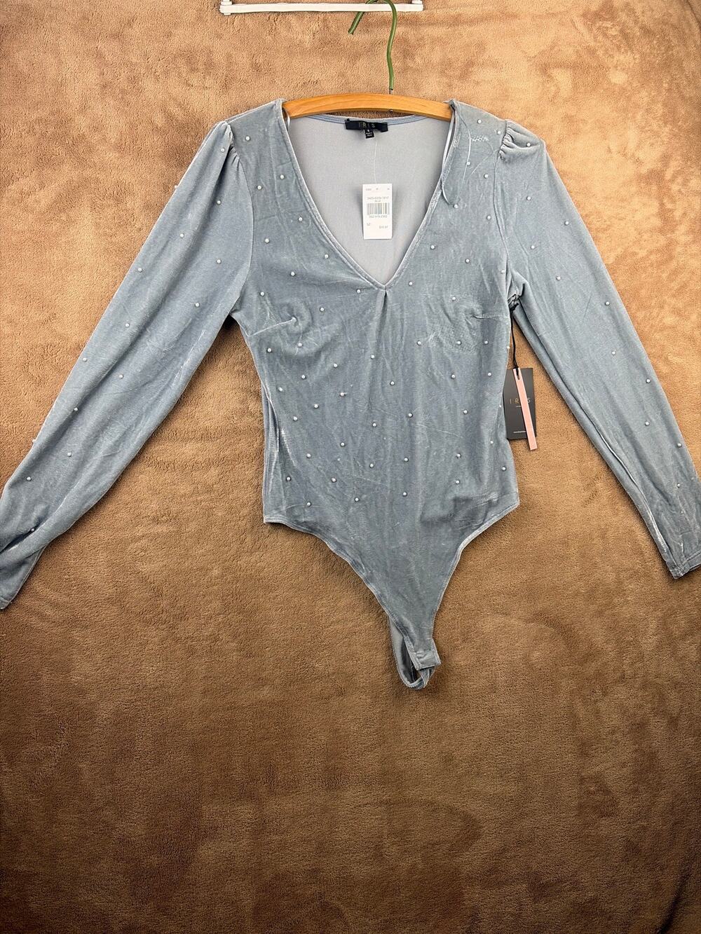 Iris Velvet Bodysuit Womens S Light Gray Pearl Studded Long Sleeve V Neck NWT